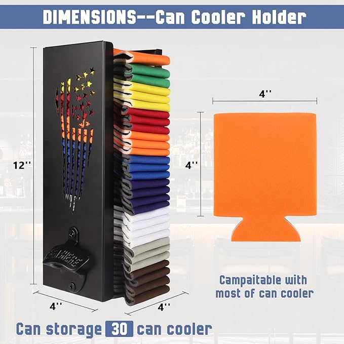 2 in 1 Can Cooler Holder with Bottle Opener, Beer Can Sleeves Storage Organizer and Dispenser for Home Family Bar, Metal, 12", Christmas Gifts for Men Dad