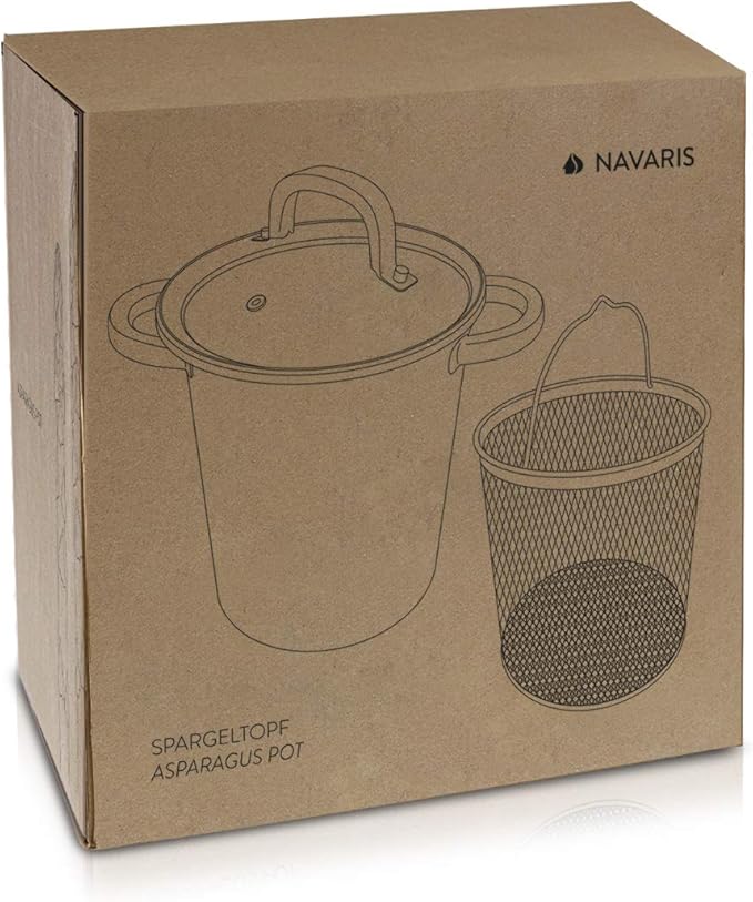 Navaris Asparagus Pot - Stainless Steel Asparagus Vegetable Steamer Spaghetti Pasta Stovetop Cooker with Removable Basket and Lid - BPA Free - 4.1 Qt