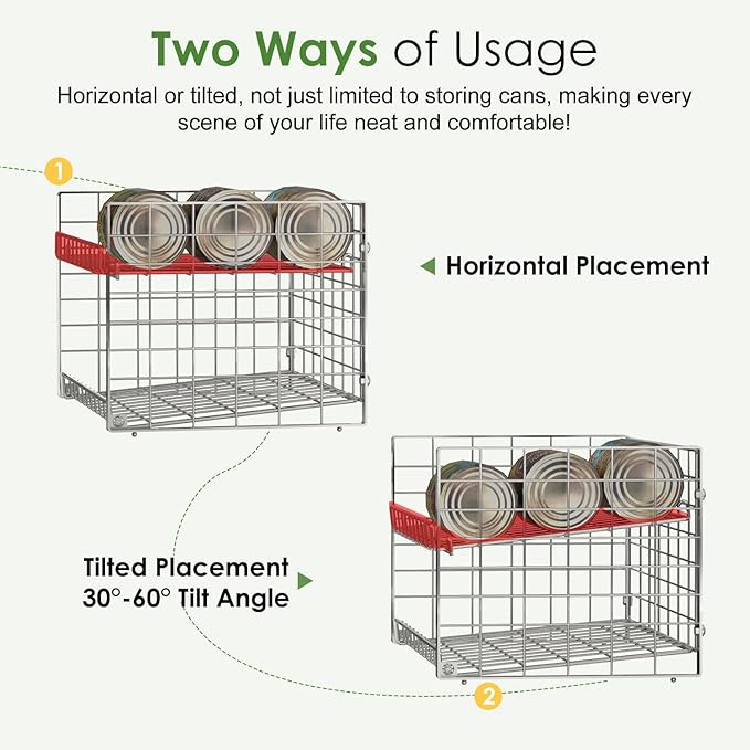 JKsmart 2-Tier Stackable Can Rack Organizer for Pantry, Adjustable Can Dispenser Holds Up to 62 Cans, Can Storage Holder for Various Ounces of Canned Food Soda Drinks, Silver, 2 Pack (Petent Pending)
