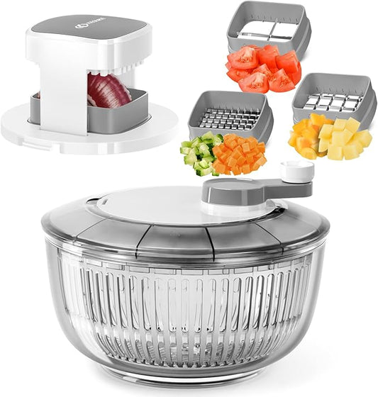 KEOUKE Salad Spinner and Vegetable Chopper Set with 3 Blades, 4.2Qt Large Bowl for Effortless Lettuce Drying, Onion Dicing, and Potato Cutting
