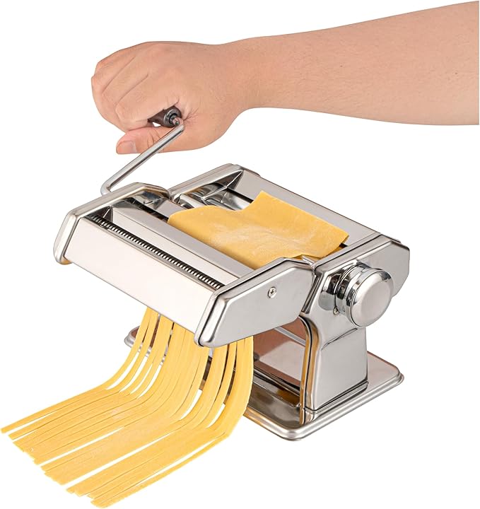 Met Lux Pasta Maker Machine, 1 Pasta Maker With 2 Cutter Attachments - 9 Adjustable Thickness Settings, 5 Piece Set, Stainless Steel Manual Machine, For Fettuccine, Spaghetti