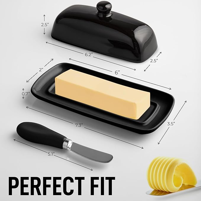 Zulay Butter Dish With Lid For Countertop - Porcelain White, Ceramic Butter Dish with Knob Handle Great for Cooking - Elegant Design Butter Holder - Durable & Sturdy Butter Keeper - Black