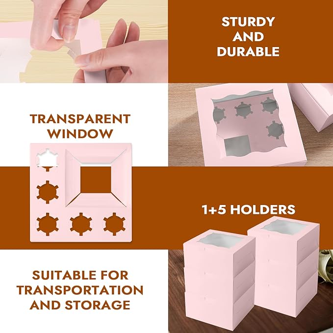 Pink 1+5 paper box 10pcs Bakery Boxes with Window,Stackable Cake and Cupcake Carriers, for Birthdays & Parties (Pink, 1+5(10Pack))