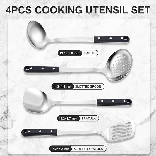 Pleafind 4-Pcs Cooking Utensils Set, Stainless Steel Kitchen Utensils, Mirror Polished Kitchen Essentials Set Include Wok Ladle, Slotted Spoon, Wok Spatula &Slotted Spatula, Dishwasher Safe