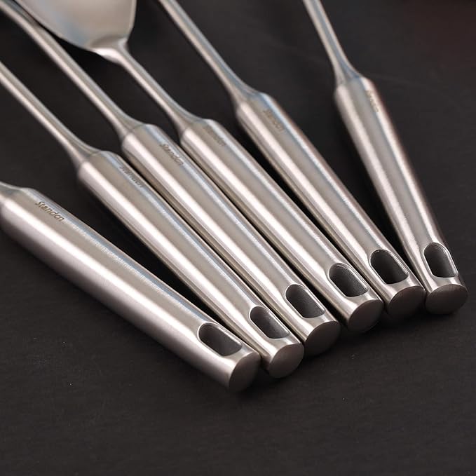 18/10 Stainless Steel Kitchen Utensils Set - 15’’ All Metal Cooking Utensils with Countertop Rotating Holder Stand, Spatula, Ladle, Skimmer, Slotted Turner, Pasta, Large Spoon Set of 7