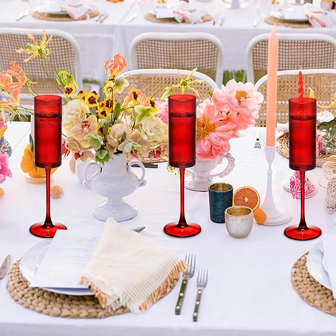 24 Pieces Red Champagne Flutes,6 OZ Twill Pattern Striped Vintage Stem Glasses Stemware Wine Glasses Champagne Long Stem Drinking Colored Glasses Goblets for Wedding Cocktail Cups,Cava, Prosecco