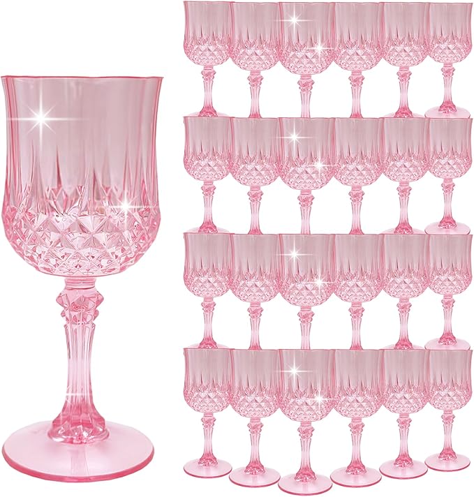Plastic Wine Glasses,Plastic Goblets Vintage Style Cordial Drinking Glasses for Wedding Reception, Grand Event Party Supplies (24, Pink)