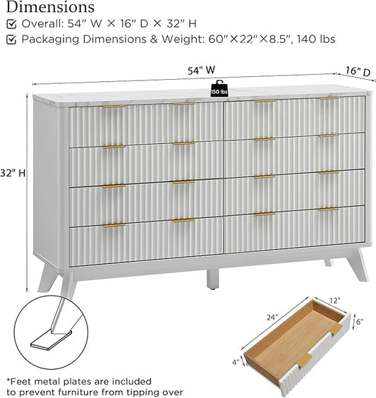 T4TREAM Fluted 8 Drawers Dresser, 54" Wide Modern Chest of Drawers with Faux Marble Top, Curved Profile Design, Dresser TV Stand, Wood Drawer Organizer for Bedroom, Living Room, Hallway, Solid White