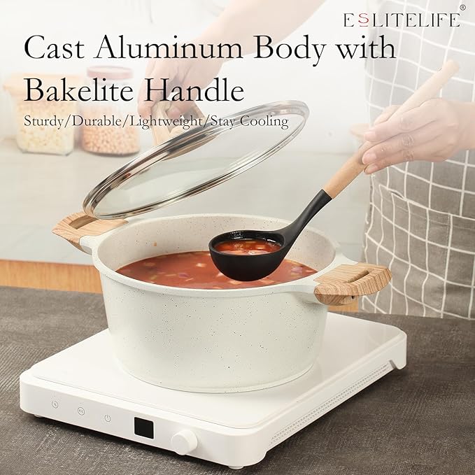 ESLITE LIFE Nonstick Stock Pot with Lid, 7 Quart Granite Casserole Large Soup Pot Pasta Cooking Pot, Induction Compatible, PTFE & PFOA Free, White