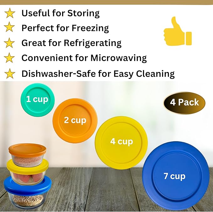 1, 2, 4 & 7 Cup Green, Orange, Yellow, Blue Replacement Lids/Covers for Pyrex, Anchor Hocking & KlareWare Storage Bowls *Lids Only Glass Container Not Included* (4 Pack *One of Each Size*)