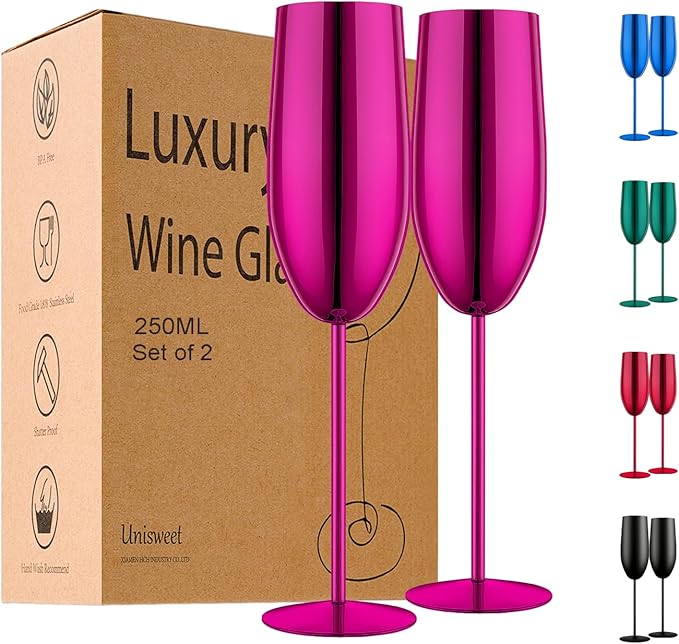 Champagne Glasses Set of 2 Stainless Steel Champagne Flutes Wedding Gifts for Bride 8.5 oz Unbreakable Champagne Glasses for Party Wedding Christmas Anniversary Brithday (Purple)