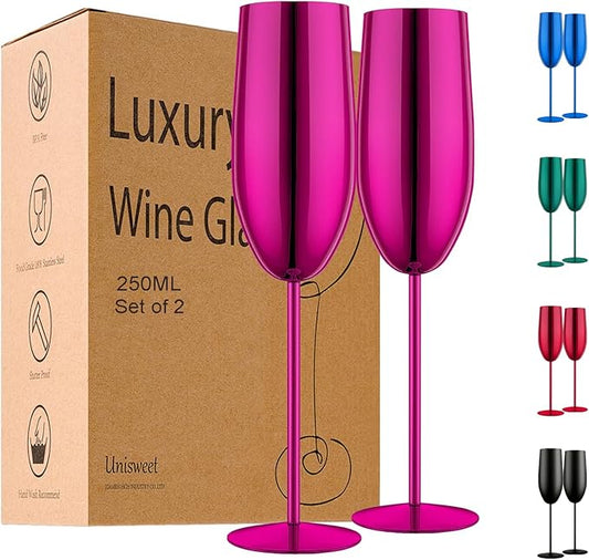 Champagne Glasses Set of 2 Stainless Steel Champagne Flutes Wedding Gifts for Bride 8.5 oz Unbreakable Champagne Glasses for Party Wedding Christmas Anniversary Brithday (Purple)