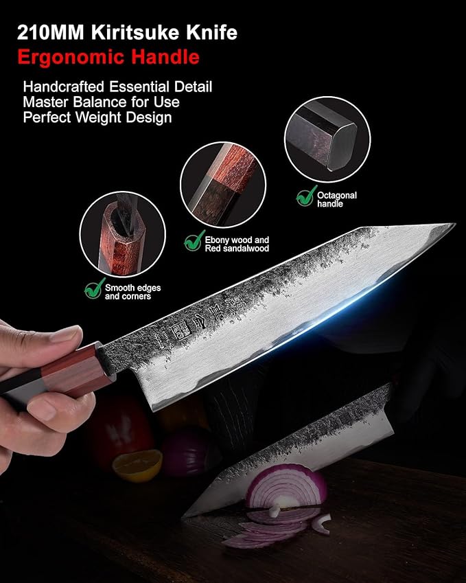 WA Series Japanese Chef Knife 210MM Black Forged Japanese Kitchen Knives with Eboy Handle,Gift with Premium Box for Husband Dad (8.27 Inch Kiritsuke Knife)