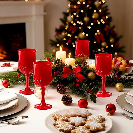 JLYLOL Plastic Vintage Wine Glasses 7OZ Plastic Goblets Vintage Drinking Glasses 12PCS Retro Wedding Glassware Water Goblets Reusable Drinking Cups for Party,Reception,Celebration,Bar,Whiskey(Red)