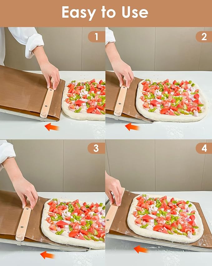 Sliding Pizza Peel 12 Inch, Non Stick Pizza Peel Slider with Wood Handle Detachable elite peel sliding pizza peel, 304 Stainless Steel Metal Pizza Board 15.4" x 12.7"