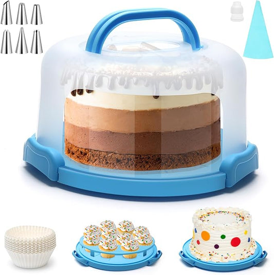 Coolrunner Cake Carrier with Lid and Handle 11inch Round Cake Carrier Portable Cake Stand Plastic Pie Carrier Cake Storage Container for Transport Cakes, Pies (Blue)