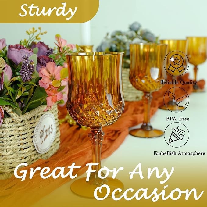Plastic Wine Glasses,100PCS Amber Plastic Goblets Vintage Style Cordial Drinking Glasses for Wedding Reception, Grand Event Party Supplies (100, Amber)