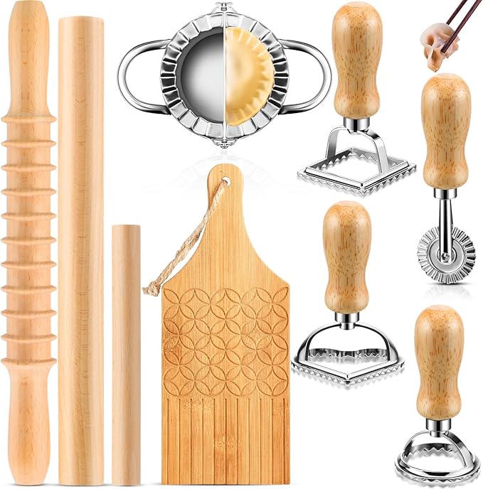 9 Pcs Gnocchi Pasta Making Tools kit - Gnocchi Board, Pasta Cutter, Ravioli Stamp, Wood Threaded Pasta Roller Pin Set, Noodle and Dumplings Maker, Homemade Kitchen Gift for Pasta Lovers