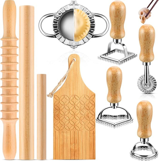 9 Pcs Gnocchi Pasta Making Tools kit - Gnocchi Board, Pasta Cutter, Ravioli Stamp, Wood Threaded Pasta Roller Pin Set, Noodle and Dumplings Maker, Homemade Kitchen Gift for Pasta Lovers