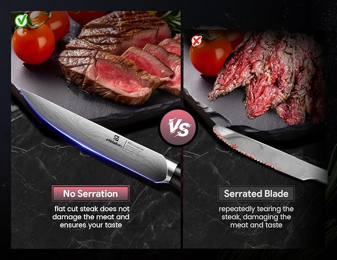 Steak Knives Set of 4, 4.5 Inch Non Serrated Dinner Knife, Forged German Steel Damascus Pattern Straight Edge Meat Knife with Full Tang Handle, Dishwasher Safe, Ideal for Gift