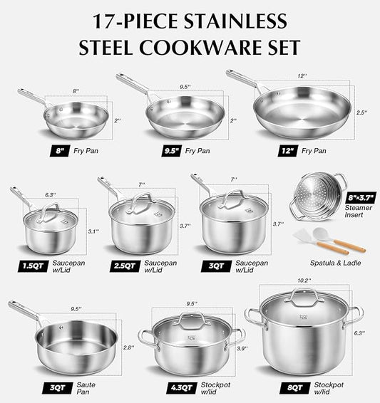 KOCH SYSTEME CS Stainless Steel Cookware Set 17 Piece, Professional 18/10 Stianless Steel Pots and Pans Set, 5-Layer Base, Oven & Induction Safe, Non-Toxic Kitchen Cookware Set for Family Cooking