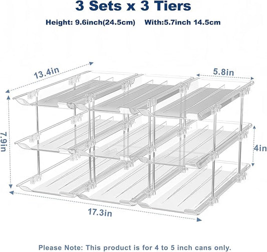 Can Organizer For Pantry,3 Sets 3 Tiers Pantry Organizers And Storage, Pantry Organizer for Fridge 36 Standard and Tall Cans Rack Automatic Rolling Stackable Canned Food Organizer, Clear