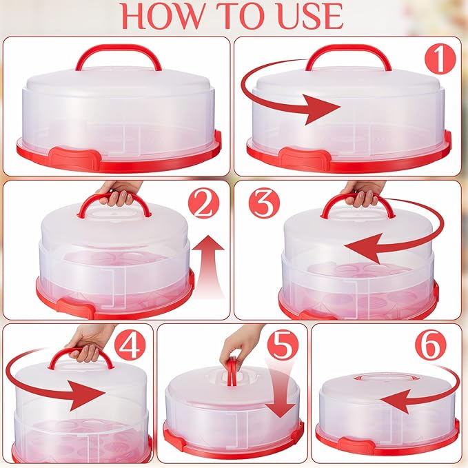 12 Inch Large Cake Carrier with Lid and Handle for 12" Round 7" High Cake Adjustable Plastic Pies Carrier Portable Cupcakes Transport Container for Cookies Pizza and More(Red)