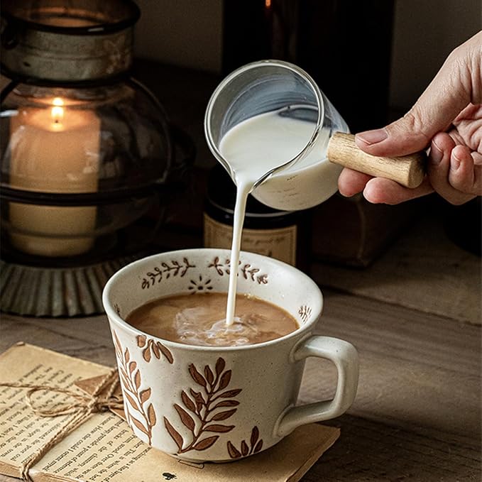 12oz Vintage Ceramic Coffee Mug Set of 2 - Handmade Stoneware Pottery Countryside Farmhouse Fall Autumn Tea Mugs with Big Handle for Latte,Cocoa,Dishwasher & Microwave Safe Cups (Plants)