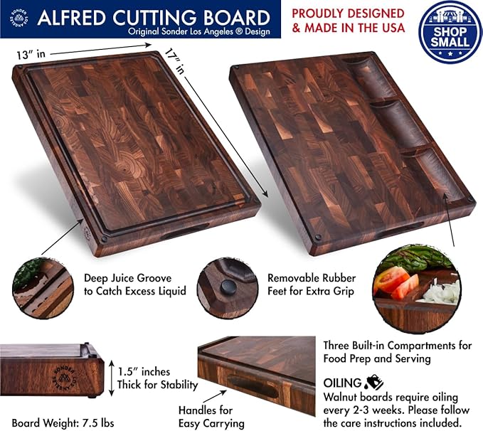 Sonder Los Angeles, Made in USA, Large Thick End Grain Walnut Wood Cutting Board with Non-Slip Feet, Juice Groove, Sorting Compartments for Kitchen 17x13x1.5 in (Gift Box Included)