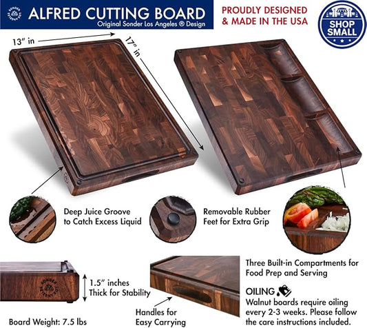 Sonder Los Angeles, Made in USA, Large Thick End Grain Walnut Wood Cutting Board with Non-Slip Feet, Juice Groove, Sorting Compartments for Kitchen 17x13x1.5 in (Gift Box Included)