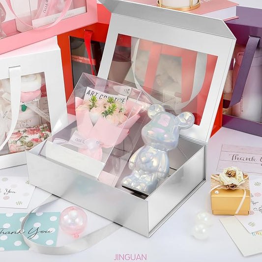 Silver Gift Box with Window, Clear Magnetic Gift Box for Present, Bridesmaid Proposal Box (11x8x3.2 Inches)