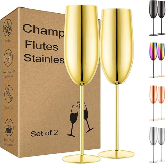 Champagne Glasses Set of 2 Stainless Steel Champagne Flutes Wedding Gifts for Bride 8.5 oz Unbreakable Gold Champagne Glasses for Party Wedding Christmas Anniversary Brithday