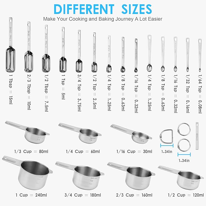 22-Piece Stainless Steel Measuring Set - Cups & Spoons, Metric & US, Dry & Liquid
