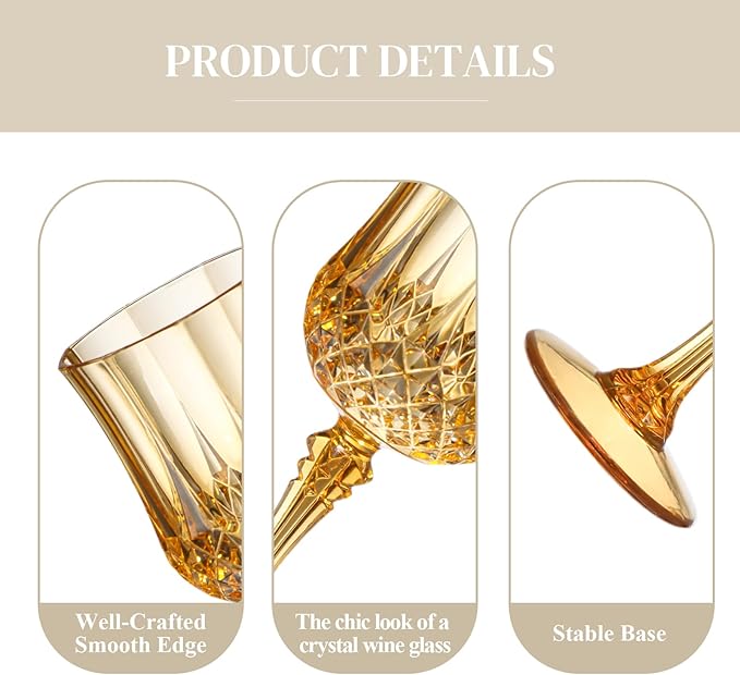 XUWAIDSGN 24 Pcs 7oz Plastic Vintage Wine Glasses Drinking Glasses Unbreakable Wedding Glassware Crystal Water Goblets Reusable Drinkware Vintage Champagne Flutes (24, Amber)