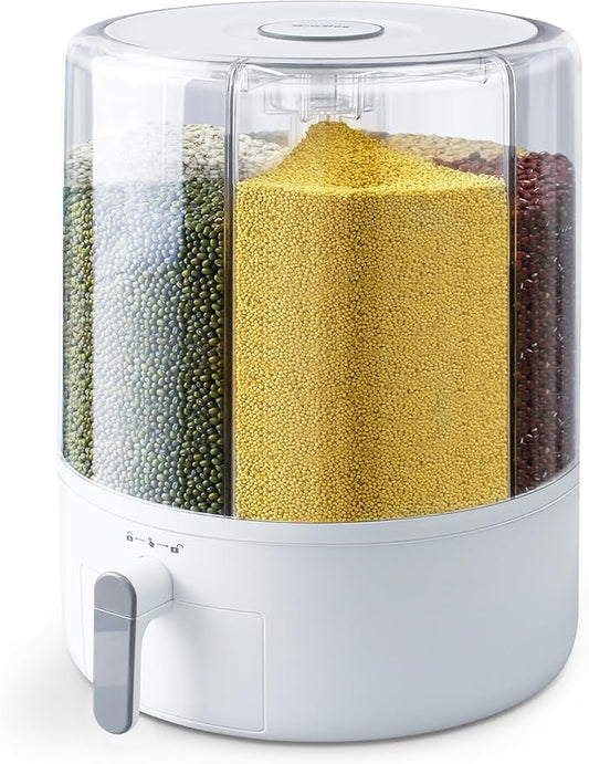 Grain and Rice Storage Container, 6 Grid Grain Dispenser, 360° Rotating 25lb Large Food Dispenser, Rice Dispenser Upgrade 6 Compartment Rotating, Airtight Storage White
