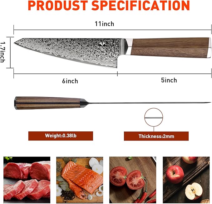 Chef Knife 6 inch, Professional Chef Knife VG 10 Damascus Super Steel 67-Layer Razor Sharp Kiritsuke Knife with Natural Wood Handle