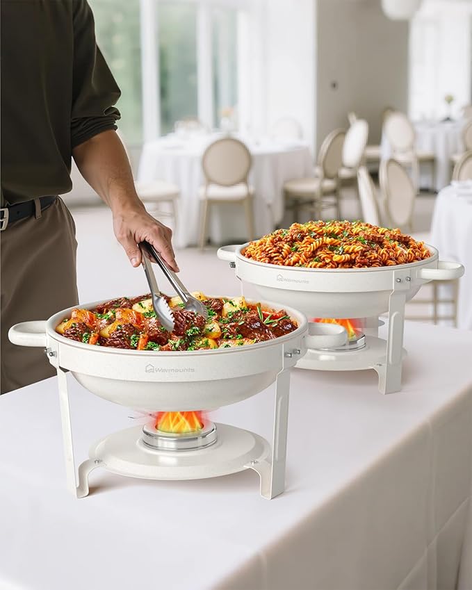 White Chafing Dishes for Buffet (5QT, 4Pack), Maifanite-Coated Round Chafers and Buffet Warmers Set w/Mirror-Polished Stainless Steel, Rolled Rim, Stackable, Lid Holder for Party, Wedding