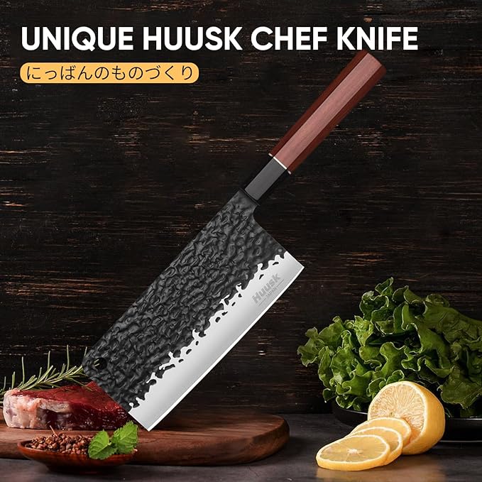 Huusk Japanese Meat Cleaver Knife - 6.7" Hand Forged Knives, 3 Layers 9CR18MOV High Carbon Kitchen Knife, Professional Sharp Cooking Knives with Ergonomic Handle for Meat, Vegetables, Fish