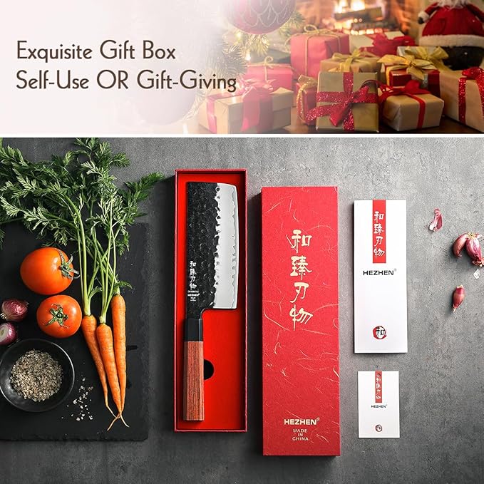 HEZHEN 6.9 inch Nakiri Knife,3 Layers High Carbon Composite Forging Steel, 10Cr15CoMoV Steel Core,Razor Sharp Kitchen Knife, Redwood Octagonal Handle with Premium Gift Box