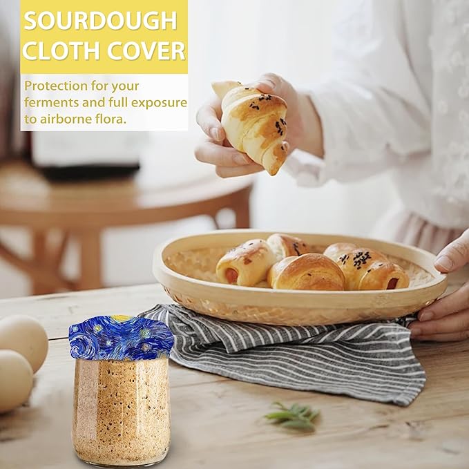 VinCent Van-Gogh Starry Night Sourdough Starter Jar Covers Reusable,Breathable Fabric Lids for Mason Jars,Wide Mouth and Regular Mouth(5 Pack)