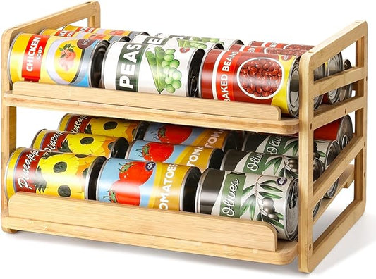 Rolling Bamboo Can Organizer Rack, Stackable Double-Layer Can Organizers and Storage For Pantry, Canned Goods Holder Dispenser For Countertop Kitchen Cabinet or Pantry Shelf