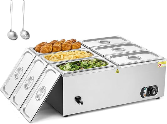 WILPREP Double-Well Commercial Food Warmer with Six 1/3 Pans, Electric Warmer for Food with Adjustable Temp & Automatic Shutoff, Stainless Steel Food Heating Unit for Buffet Food Truck Hotel More