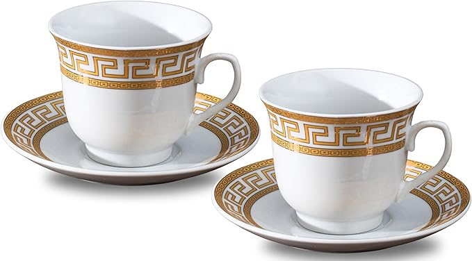 Porcelain Tea Cup and Saucer Set - 4 Piece Vintage Tea Set - White with Gold Greek Key Design - 5.5 Inch Saucers, 6.5 oz Cups - For TeaParties, Cappuccino, Home Decor (Meander Gold 3004, 4 Piece)