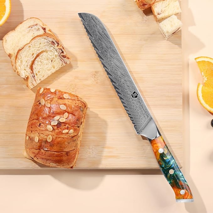 WILDMOK Serrated Damascus Steel Bread Knife, 8 inch, Full Tang Ultra Sharp, Resin Handle, Gift Box