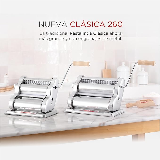 PASTALINDA Classic 260 Pasta Maker Machine, 26 cm Wide Rollers, 9 Thickness Positions, 2 Cutting Positions, Stainless Steel. Includes Reinforced Hand Crank And Two Clamps (Violet)