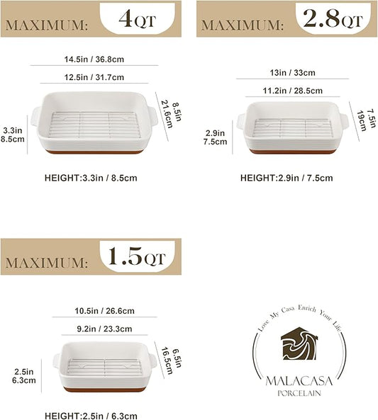 MALACASA Casserole Dishes for Oven with Roasting Racks, Ceramic Baking Dishes Set of 3, Baking Pan Casserole Dish Set, Rectangular Lasagna Pan Deep with Handles for Baking, Khaki White (14.5''/13''/10.5''), Series TARA