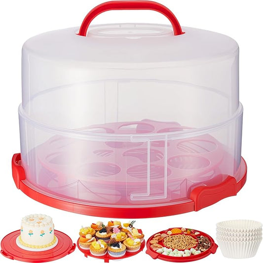 12 Inch Large Cake Carrier with Lid and Handle for 12" Round 7" High Cake Adjustable Plastic Pies Carrier Portable Cupcakes Transport Container for Cookies Pizza and More(Red)