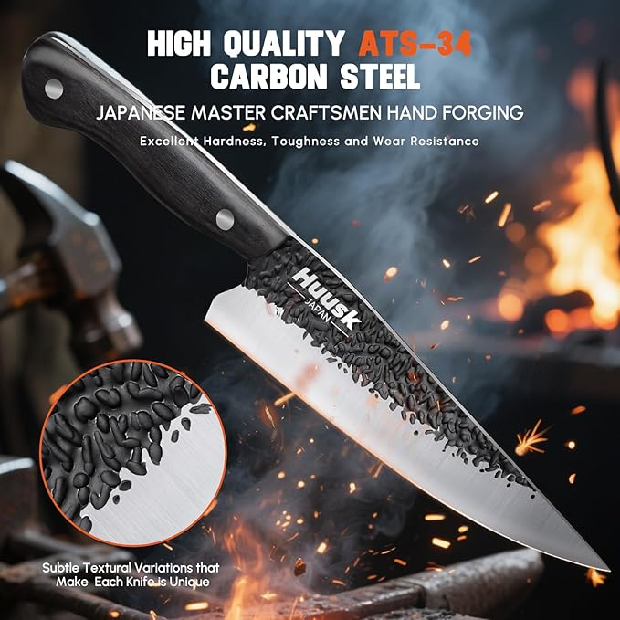 Huusk Japanese Chef Knife Set - Hand Forged Kitchen Knives for Meat Cutting - ATS-34 Carbon Steel Knives Set with Wooden Handle - Viking Cooking Knife Sets for BBQ, Camping - Ideal Gift for Women Men