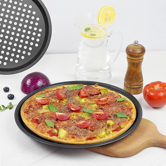 11 inch Pizza Pan With Holes, Carbon Steel Perforated Non-Stick Bakeware for Home Kitchen Oven, 2 Pack