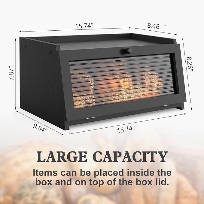 Bread Box for Kitchen Countertop Large Bread Box Farmhouse Bread Container Bread Storage with Window Bread Holder Black